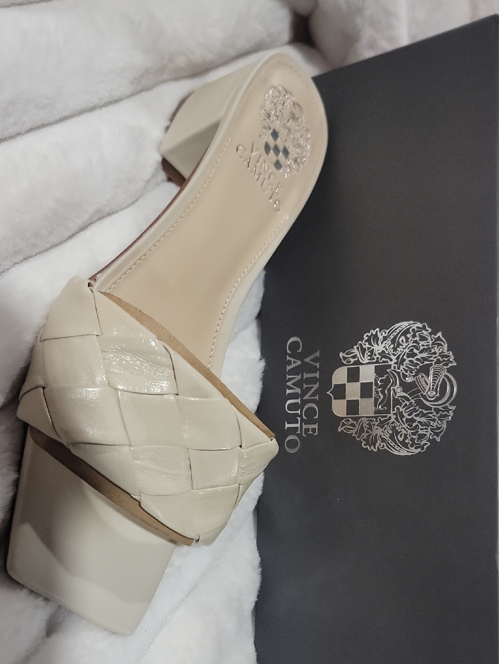 Vince Camuto Cream Woven Block Heel Sandals